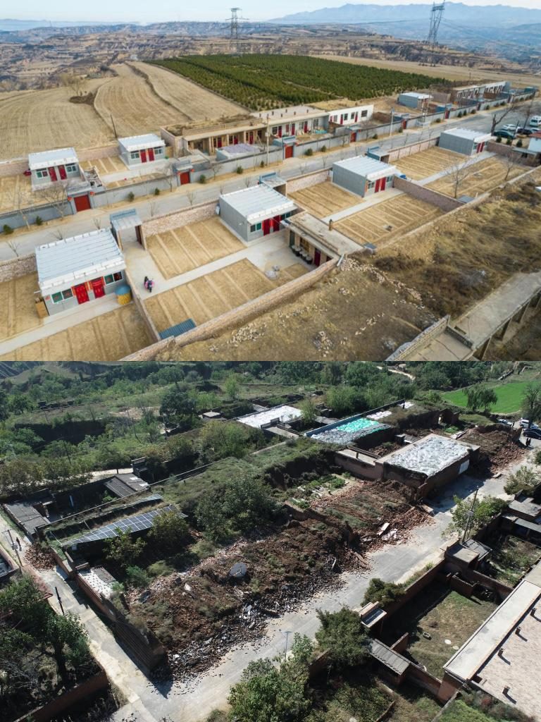 拼版照片，上圖是2022年1月山西省霍州市師莊鄉(xiāng)馮南垣村災(zāi)后恢復(fù)重建后的場(chǎng)景，下圖是2021年10月村莊因?yàn)?zāi)受損的場(chǎng)景。(霍州市委宣傳部供圖)