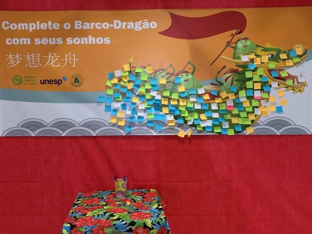 活動現(xiàn)場設(shè)置了“夢想龍舟”環(huán)節(jié)，大家將自己寫下的心愿貼在“龍舟”上，期盼“龍舟”承載自己的夢想駛向更美好的未來。（圣保羅州立大學孔子學院供圖）