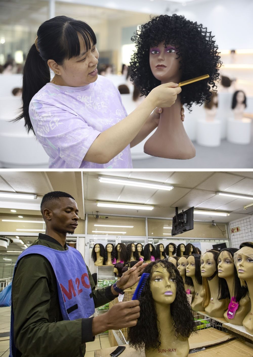 拼版照片：上圖為2023年5月25日，工人在湖南邵陽(yáng)陽(yáng)光發(fā)品有限公司展廳展示假發(fā)（新華社記者薛宇舸攝）；下圖為2023年6月9日，一名店員在湖南邵陽(yáng)陽(yáng)光發(fā)品有限公司位于南非約翰內(nèi)斯堡的店鋪內(nèi)展示假發(fā)（新華社記者張譽(yù)東攝）。新華社發(fā)