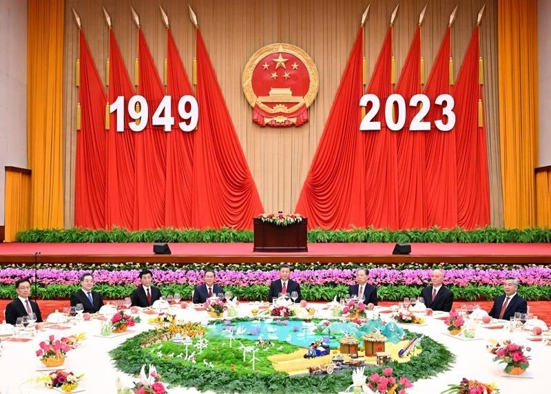 △2023年9月28日，慶祝中華人民共和國(guó)成立74周年招待會(huì)在北京人民大會(huì)堂舉行。