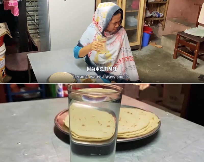 圖為紀(jì)實(shí)短片截圖：上圖為水質(zhì)未改善前，飲用水發(fā)黃渾濁；下圖為水廠建成后，飲用水水質(zhì)明顯改善，清澈透明。