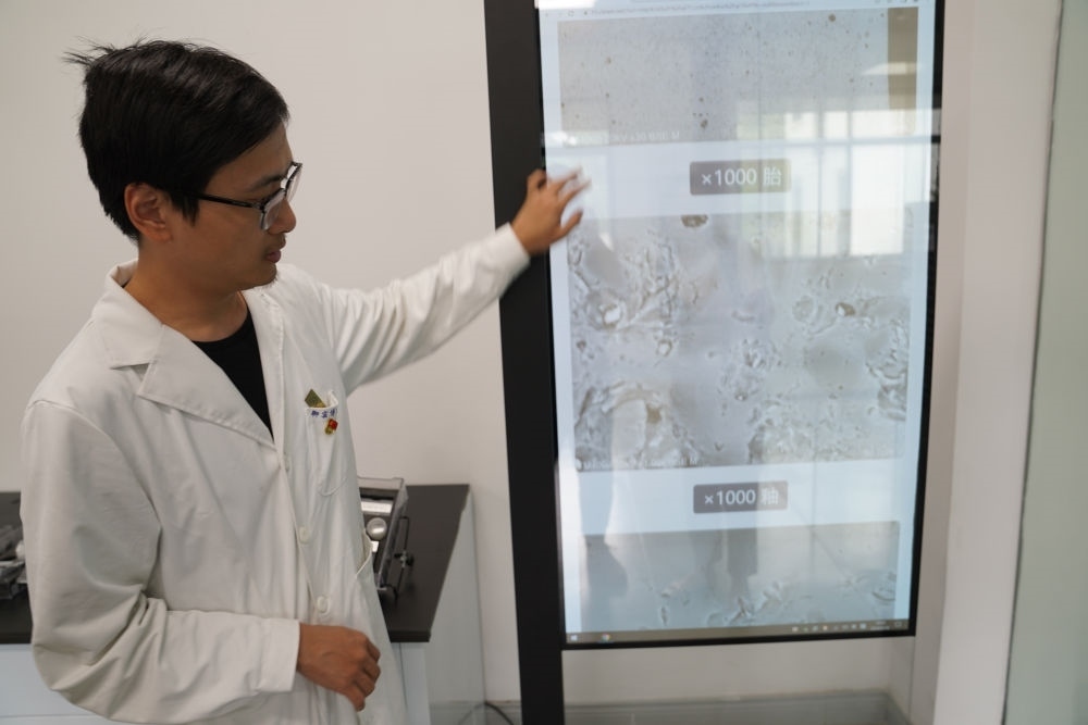 ↑ 工作人員展示瓷片標本的配方研究數(shù)據(jù)（2023年5月16日攝）。