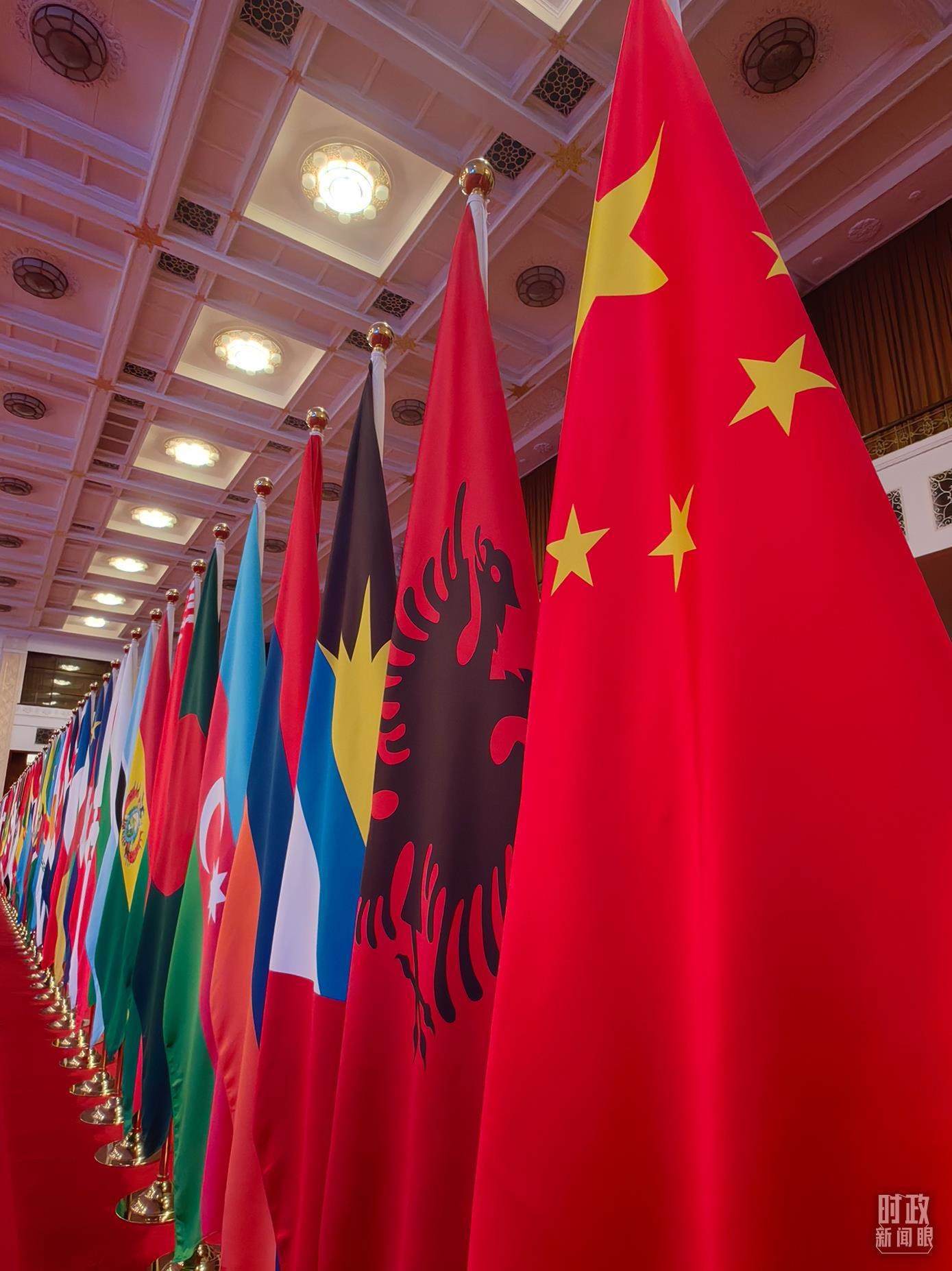 △開幕式會場內(nèi)整齊排列的旗幟。（總臺央視記者楊波拍攝）