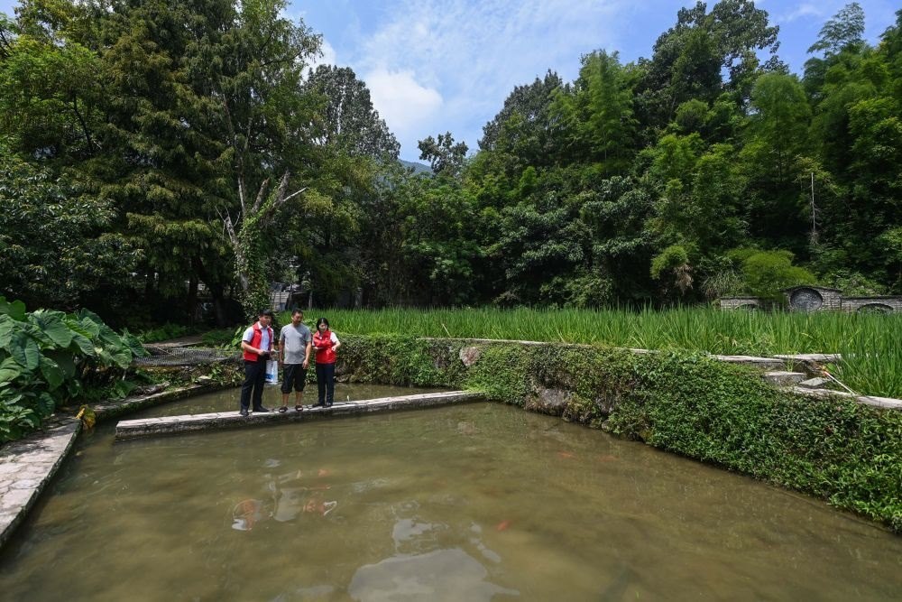 2023年8月17日，浙江省麗水市青田縣方山鄉(xiāng)田魚養(yǎng)殖戶吳勇強（中）在接受青田農(nóng)商銀行“小蜻蜓”服務隊志愿者提供的“惠民易貸”上門服務。近年來，青田縣金融發(fā)展中心聯(lián)合各個金融機構優(yōu)化配套鄉(xiāng)村振興金融服務，推出“惠民易貸”“農(nóng)家樂貸”等金融產(chǎn)品，重點支持涉農(nóng)龍頭企業(yè)及特色種養(yǎng)殖產(chǎn)業(yè)。新華社記者 徐昱 攝