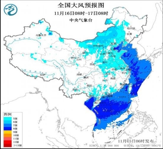全國(guó)大風(fēng)預(yù)報(bào)圖(11月16日08時(shí)-17日08時(shí))