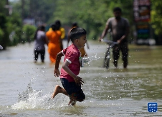 11月24日，一名男孩在斯里蘭卡加姆珀哈涉水出行。新華社發(fā)（阿吉特·佩雷拉攝）