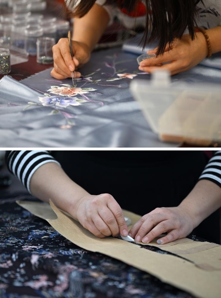 拼版照片：上圖為老美華定制車間的制衣師傅在面料上貼鉆；下圖為老美華定制車間的制衣師傅在面料上劃線（2023年12月8日攝）。天津老美華始創(chuàng)于1911年，歷史上以“千層底”布鞋聞名，是享譽津門的“中華老字號”。新華社記者 李然 攝