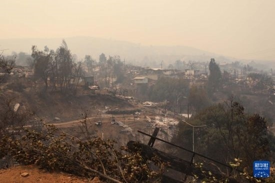 這是2月3日在智利瓦爾帕萊索大區(qū)比尼亞德爾馬市拍攝的在森林火災(zāi)中燒毀的房屋。新華社發(fā)