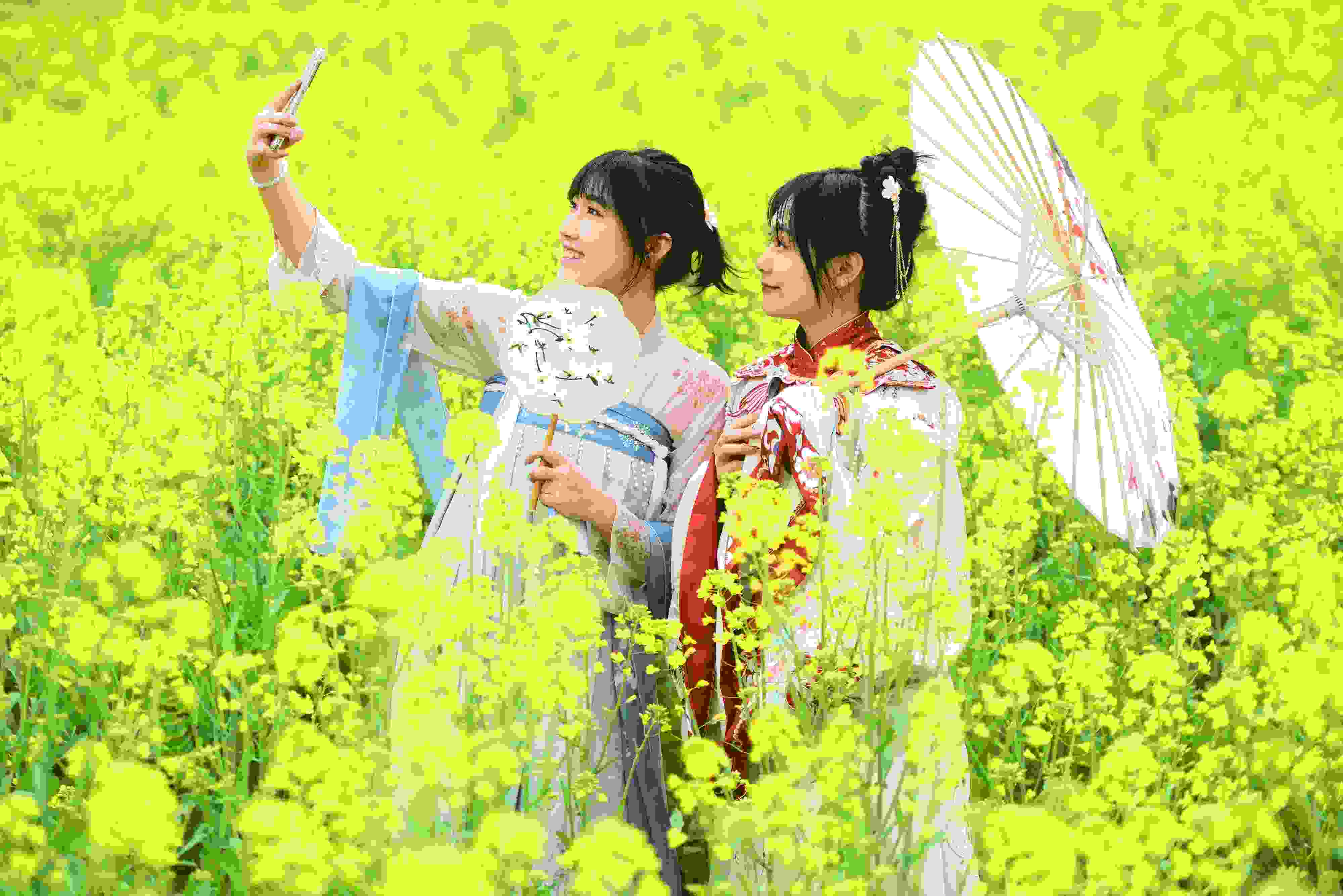 △ 2024年2月16日，廣西賀州，在富川瑤族自治縣麥嶺鎮(zhèn)三民村，游客在油菜花田間賞花拍照。