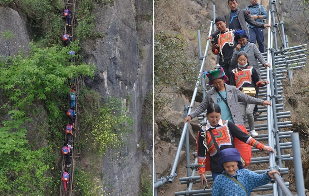 “懸崖村”今昔對比：左圖為2016年5月14日，“懸崖村”的孩子們攀爬木梯回家。右圖為2020年5月13日，“懸崖村”村民帶著行李通過鋼梯下山，搬遷至易地扶貧集中安置點的新家。
