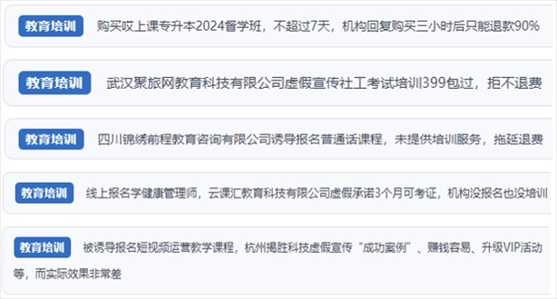 “人民投訴”用戶舉報(bào)機(jī)構(gòu)虛假宣傳包過(guò)包拿證、虛假承諾收益效果、課程服務(wù)貨不對(duì)板、退款難等在線教培亂象。（“人民投訴”平臺(tái)截圖）