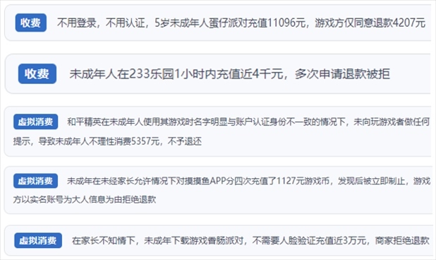 “人民投訴”用戶舉報(bào)身份認(rèn)證成擺設(shè)、大額充值無(wú)提醒、提供證據(jù)被駁回、商家設(shè)置退款障礙等未成年人網(wǎng)游消費(fèi)亂象。（“人民投訴”平臺(tái)截圖）