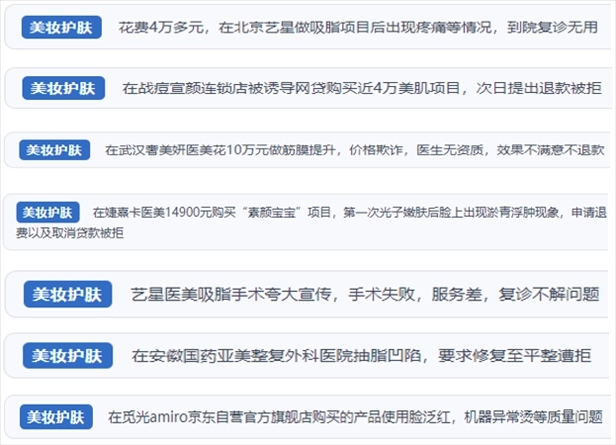 “人民投訴”用戶舉報(bào)醫(yī)美未達(dá)預(yù)期效果或?qū)е律眢w損傷退款遭拒、機(jī)構(gòu)及服務(wù)人員虛假資質(zhì)、被誘導(dǎo)高額醫(yī)美貸、網(wǎng)購(gòu)美容儀器質(zhì)量不過(guò)關(guān)等問(wèn)題。（“人民投訴”平臺(tái)截圖）