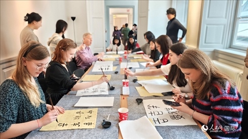 瑞典書法愛好者專心學(xué)習書法。人民網(wǎng)記者 殷淼攝