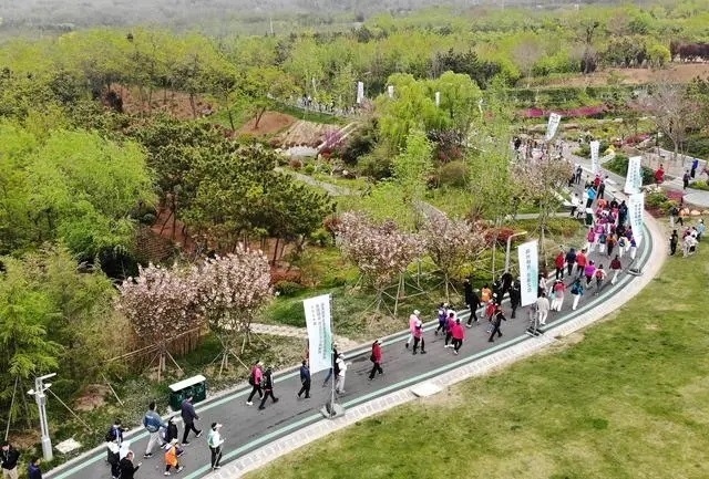 4月27日，登山愛好者在浮山森林公園參加登山健身活動（無人機照片）。新華社記者 李紫恒攝