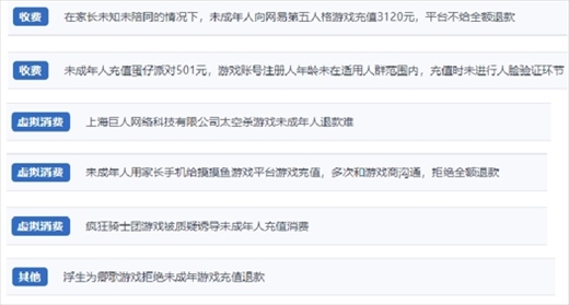 網(wǎng)友涉及“熊孩子”氪金相關(guān)投訴問題。（“人民投訴”用戶投訴截圖）