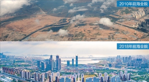 △在前海石公園的前海開發(fā)開放成果展示墻上，一張八年間的前海全貌對(duì)比圖。