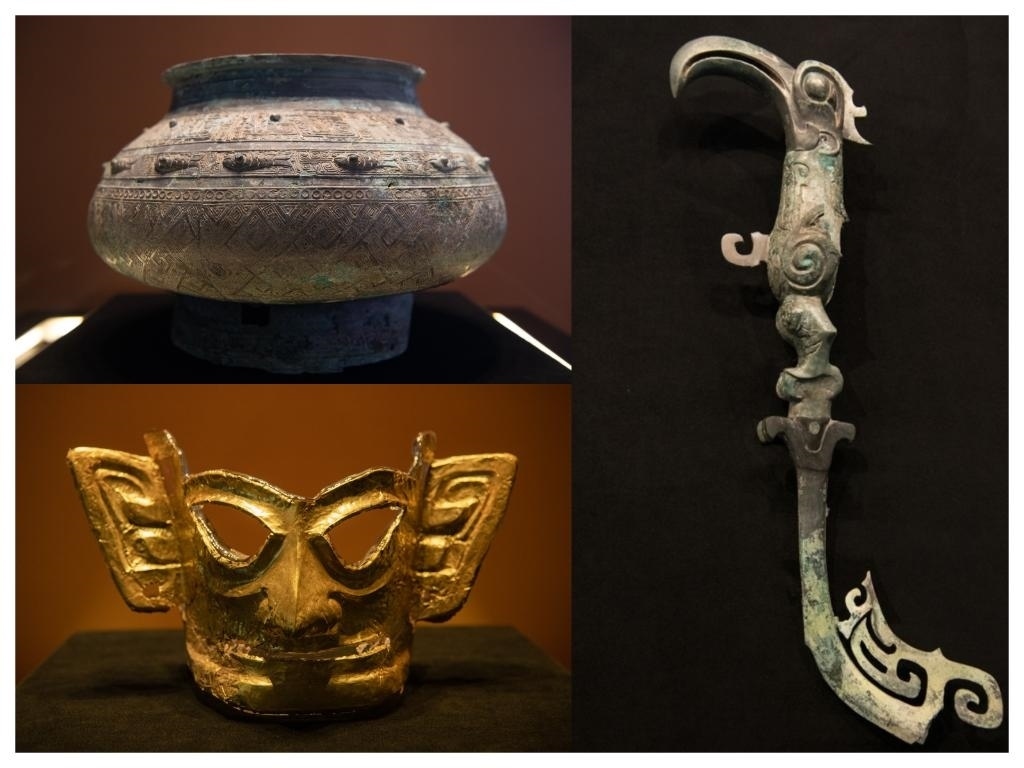 拼版照片：左上圖為青銅瓿，左下圖為黃金面具，右圖為青銅樹枝。新華社記者唐文豪 攝