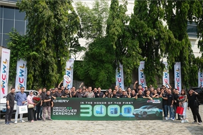 8月3日，中國車企奇瑞在雅加達舉行活動，慶祝在印尼交付第3000輛電動汽車OMODA E5。奇瑞汽車印度尼西亞銷售公司供圖