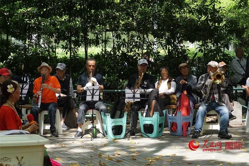 成都居民在公園里演奏歌曲。人民網(wǎng) 王禹蘅攝