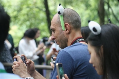 俄羅斯《俄羅斯報》視覺內(nèi)容編輯阿爾圖爾·杰魯諾夫在拍攝熊貓。（李佩藺 攝）