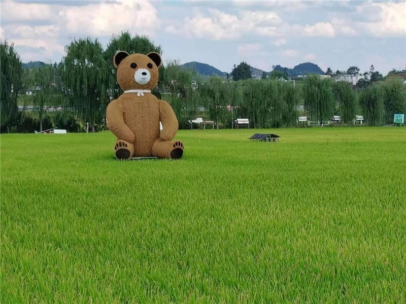 稻穗搖曳，垂柳依依，山嵐多姿，好一幅歲月靜好山鄉(xiāng)恬靜圖。這憨厚俏皮的熊玩偶造型，像是亂入其中，形成現(xiàn)代與傳統(tǒng)、好動與寧靜的反差感，讓人過目不忘，也讓人莞爾一笑。（哈薩克斯坦鳳凰24新聞社總編輯兼首席執(zhí)行官克馬爾·馬山羅攝）