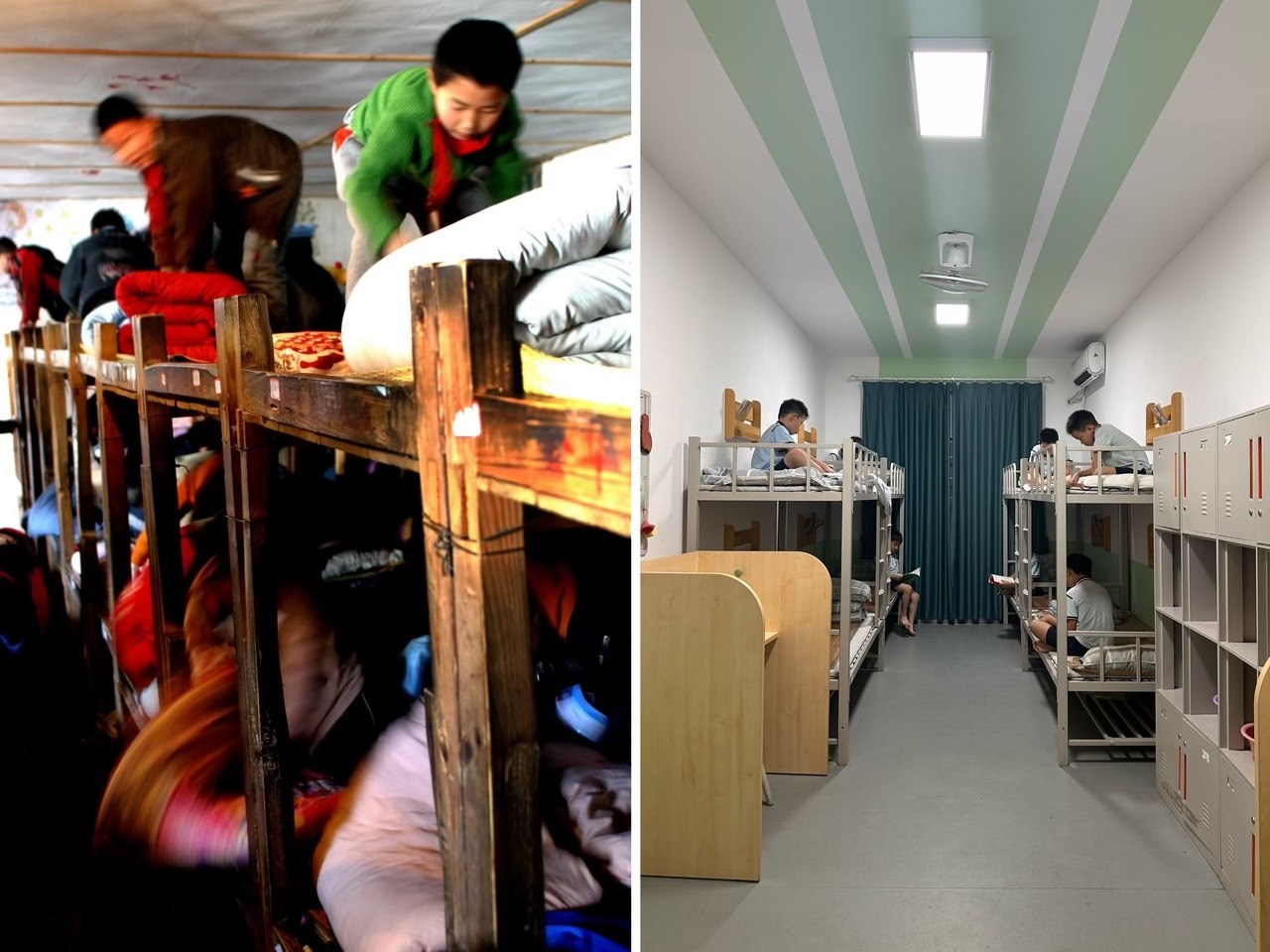 縉云縣東渡鎮(zhèn)長(zhǎng)坑小學(xué)2005年以前的學(xué)生宿舍（左），以及現(xiàn)在的學(xué)生宿舍（右） 學(xué)校供圖