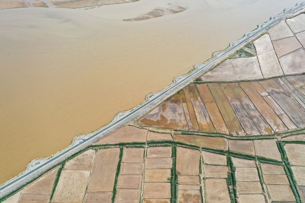 2024年5月26日在內蒙古巴彥淖爾市臨河區(qū)拍攝的黃河（無人機照片）。巴彥淖爾市位于黃河“幾字彎”北端，擁有富饒的河套灌區(qū)，引黃灌溉面積達1000多萬畝。近年來，在引黃灌溉工程支撐下，河套灌區(qū)年均糧食總產(chǎn)量達60億斤以上。