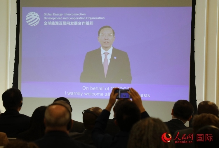 全球能源互聯(lián)網發(fā)展合作組織主席、中國電力企業(yè)聯(lián)合會理事長辛保安通過視頻方式致辭。人民網記者 李志偉攝