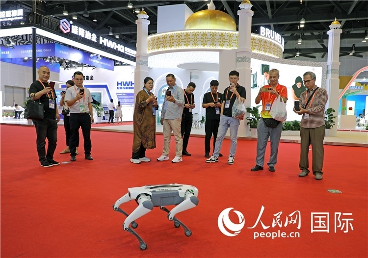 東博會(huì)上，觀眾正在參觀一只機(jī)器狗。綠色能源、新能源汽車、綠色農(nóng)產(chǎn)品等成為本屆東博會(huì)觀眾關(guān)注的焦點(diǎn)。人民網(wǎng)記者 趙益普攝