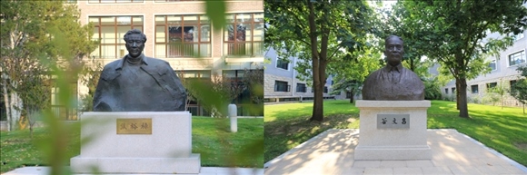 拼版照片：左圖為中央黨校（國家行政學(xué)院）校園內(nèi)的焦裕祿雕塑；右圖為中央黨校（國家行政學(xué)院）校園內(nèi)的谷文昌雕塑。