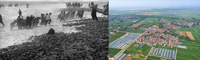 拼版照片：左圖為蘭考群眾在拉淤土壓沙（新華社記者 鄧歷耕 攝）；右圖為2024年4月25日拍攝的蘭考縣張莊村（無人機(jī)照片，新華社記者 郝源 攝）。