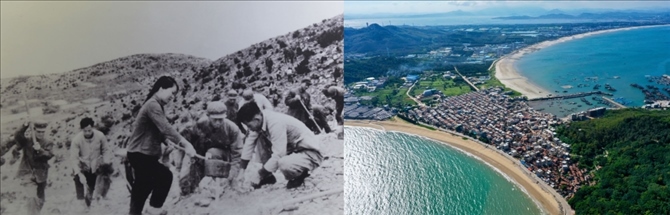 拼版照片：左圖為東山縣群眾在荒山上種植樹苗（資料照片）；右圖為2020年6月18日拍攝的東山縣陳城鎮(zhèn)澳角村附近風(fēng)光（無人機(jī)照片，新華社記者 姜克紅 攝）。