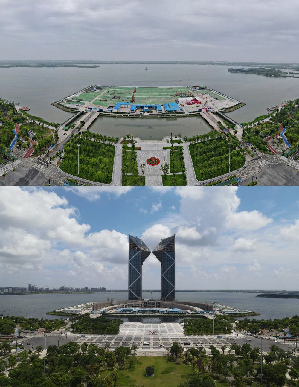 拼版照片：空中俯瞰中國(guó)（上海）自由貿(mào)易試驗(yàn)區(qū)臨港新片區(qū)滴水湖西島中銀金融中心項(xiàng)目現(xiàn)場(chǎng)（上圖為2021年6月20日攝，無(wú)人機(jī)照片；下圖為2024年8月14日攝，無(wú)人機(jī)照片）。2019年8月20日，臨港新片區(qū)揭牌成立，一個(gè)開放新高地在長(zhǎng)江與東海交匯處日益崛起。