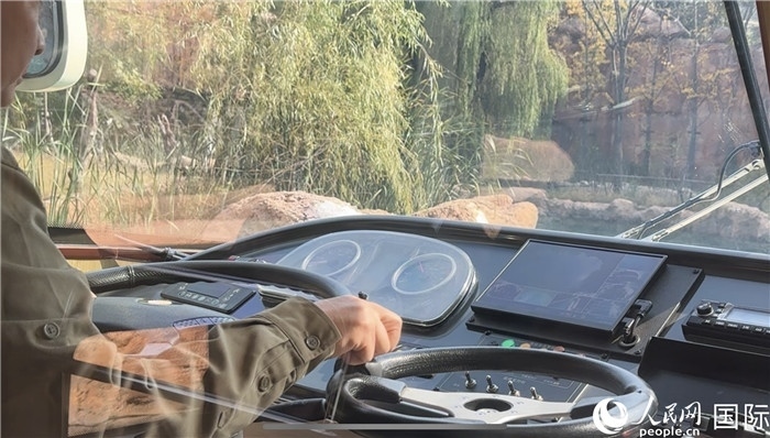 鄭州銀基動(dòng)物王國水陸兩棲觀光車駕駛室。人民網(wǎng) 謝瑩攝