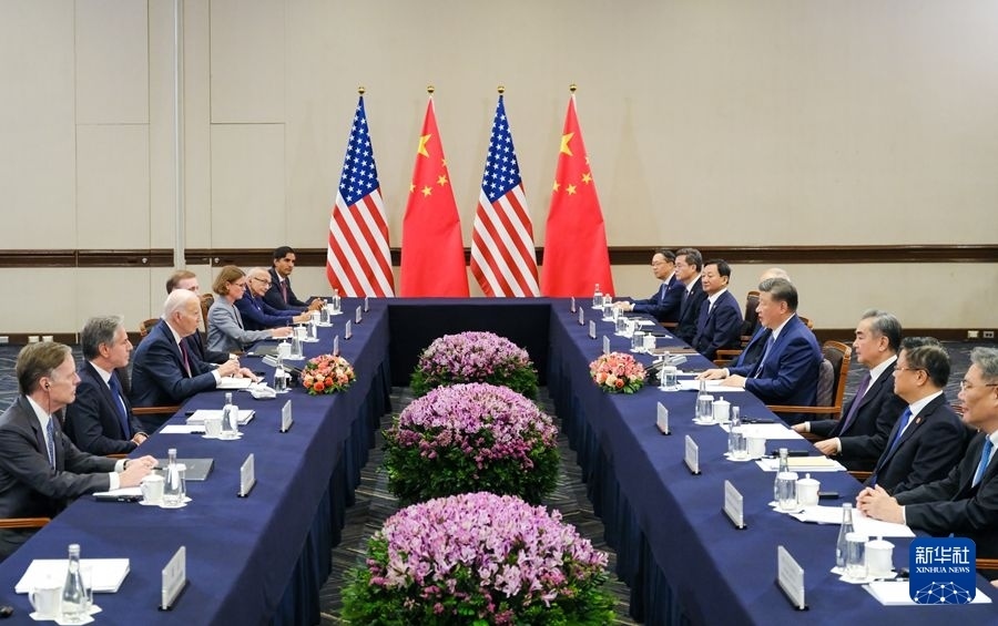 當(dāng)?shù)貢r(shí)間11月16日下午，國家主席習(xí)近平在利馬同美國總統(tǒng)拜登舉行會(huì)晤。新華社記者 丁林 攝