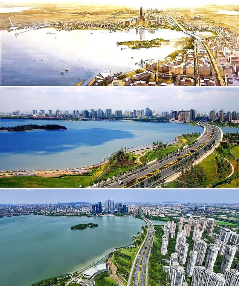 拼版照片：上圖為1994年繪制的蘇州工業(yè)園區(qū)手繪規(guī)劃圖；中圖為2007年拍攝的蘇州工業(yè)園區(qū)；下圖為2023年7月4日用無人機(jī)拍攝的蘇州工業(yè)園區(qū)。
