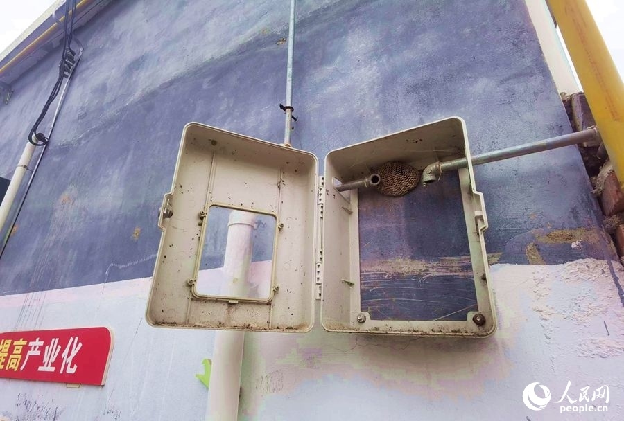 在玉山村的一處未安裝燃氣表的表箱內，掛著一個馬蜂窩。人民網記者 慎志遠攝