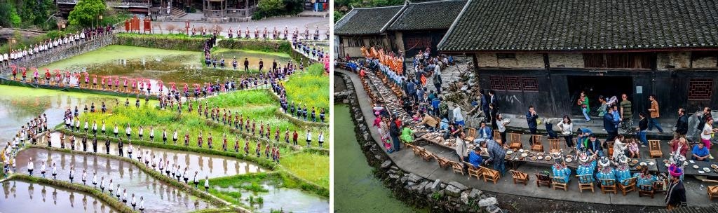 左圖：近期，人們在黎平縣肇興侗寨的田園里演唱侗族大歌（黎平縣委宣傳部供圖）；右圖：這是2023年拍攝的十八洞村長桌宴（湘西州委宣傳部供圖）。