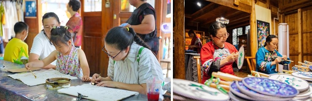 左圖：近期，游客在黎平縣肇興侗寨體驗非遺蠟染藝術(shù)（黎平縣委宣傳部供圖）；右圖：這是2024年拍攝的繡娘在十八洞村梨子寨苗繡鄉(xiāng)村振興示范基地制作苗繡產(chǎn)品（湘西州委宣傳部供圖）。