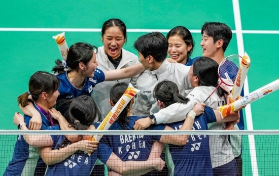 5月3日，韓國隊慶祝晉級決賽。新華社記者 孫非 攝