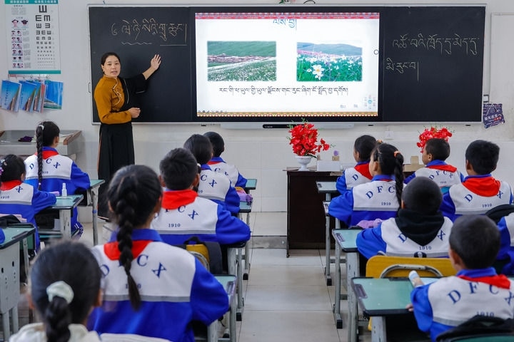 2024年9月27日，在四川省甘孜藏族自治州道孚縣城關(guān)第一完全小學(xué)，采取“藏加模式”教學(xué)的五年級一班的藏語文課上，準(zhǔn)木周老師指導(dǎo)藏族學(xué)生以家鄉(xiāng)草原風(fēng)物為主題寫作藏語文作文。新華社記者 沈伯韓 攝