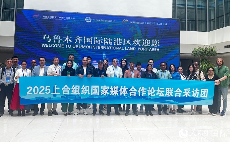 5月26日，外國媒體人在烏魯木齊國際陸港區(qū)合影留念。 人民網(wǎng)記者 翟轉(zhuǎn)麗攝